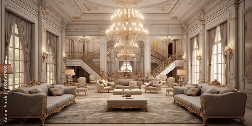 Photo of a luxurious living room with an elegant chandelier as the centerpiece