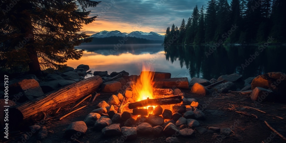 Photo of a roaring campfire illuminating a serene lake in the background created