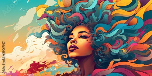 Illustration of a Female with Blue and Orange Curly Hair with Sunset Sky Background