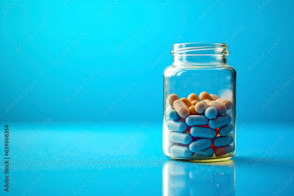 Transparent bottle filled with pills, with copy space and medical blue flat background. Transparent bottle filled with pills, with copy space and medical blue flat background.