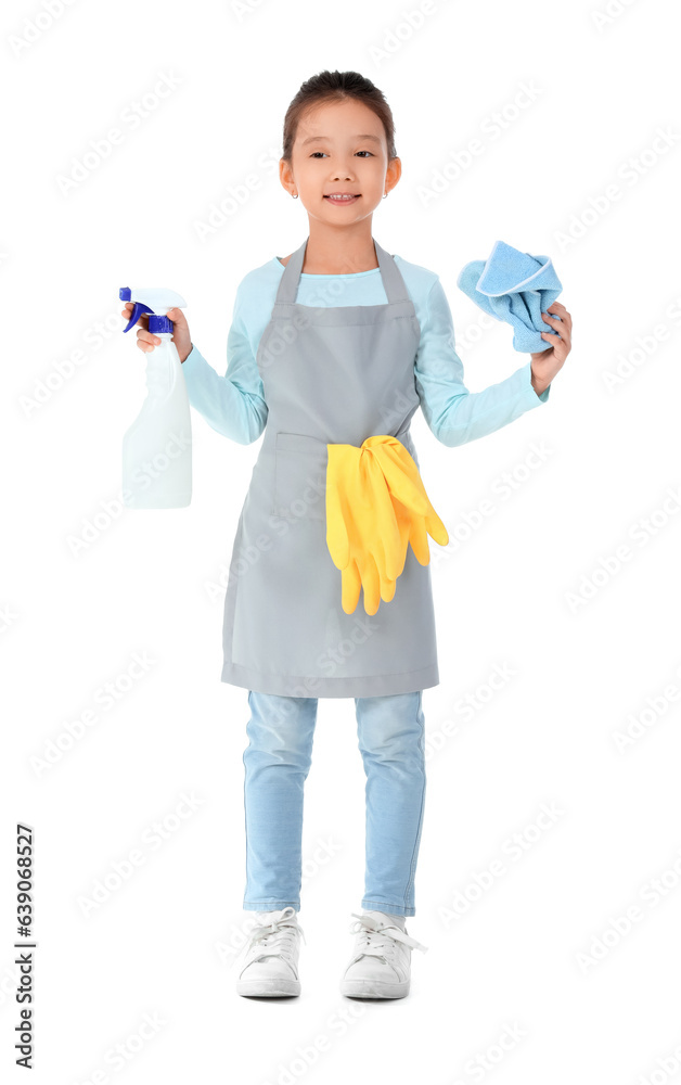 Cute little janitor with detergent and rag on white background Cute little janitor with detergent and rag on white background