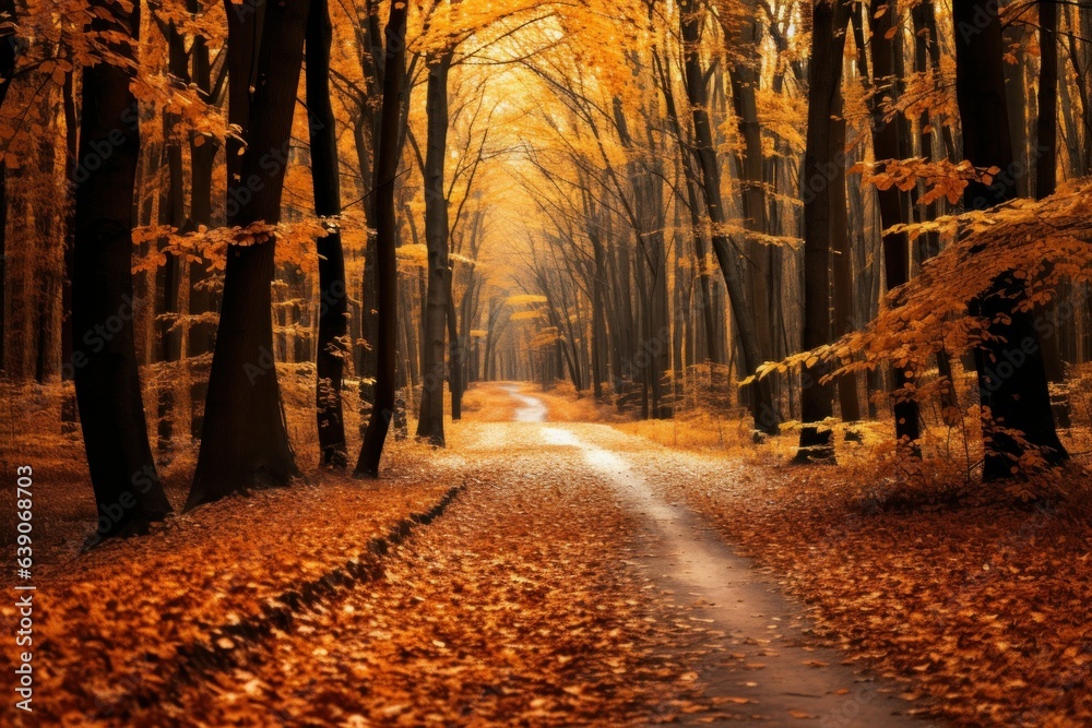 Beautiful Forest Road Path in Autumn. Fall Season Landscape. Generative AI illustration. 