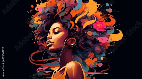 Illustration of African American Female with Curly Colorful Hair Against Black Background, Listening to Music © NesliHunFoto