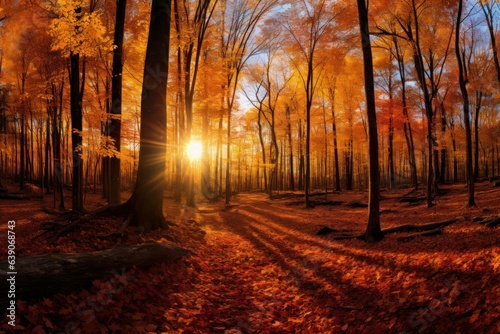 Beautiful Forest in Autumn. Fall Season Landscape. Generative AI illustration.  © Tuyres