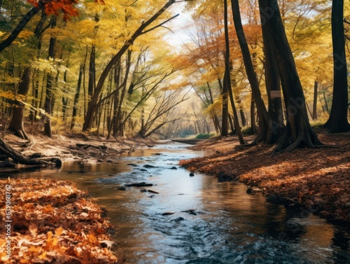 Beautiful River in a Forest in Autumn Landscape. Fall Season. Generative AI illustration. 