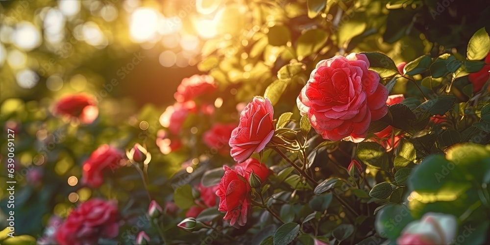 Obraz premium Red roses blooming in summer garden lit by evening sun