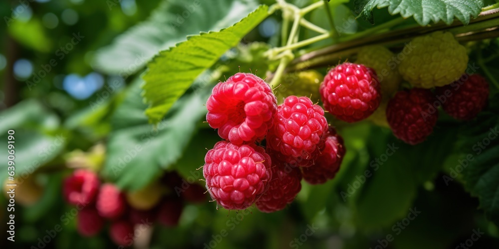 Ripe raspberries growing on bush, close up