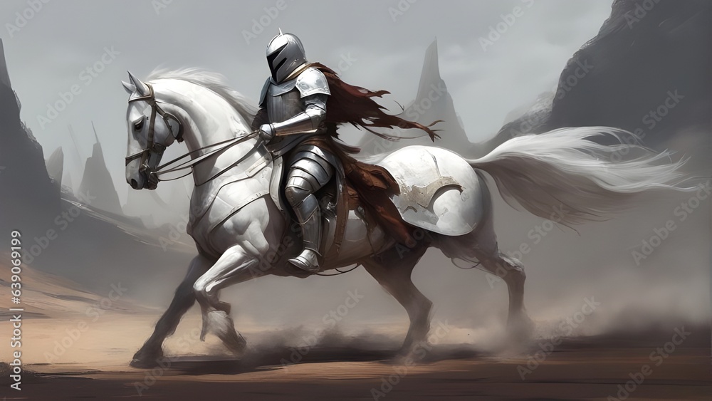 An Medieval gentleman with a white horse, in the desert in high resolution, 4k, 8k, made with Generative AI An Medieval gentleman with a white horse, in the desert in high resolution, 4k, 8k, made with Generative AI