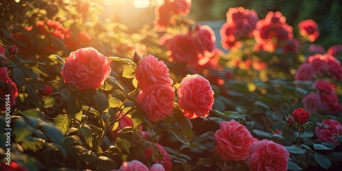 Red roses blooming in summer garden lit by evening sun