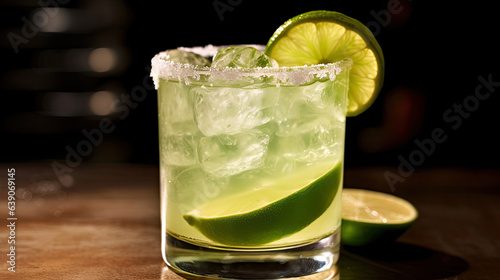 A Margarita cocktail with salted rim and lime