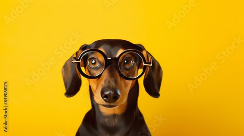 Photo of a dachshund dog wearing glasses on a yellow background © mattegg