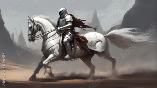 An Medieval gentleman with a white horse, in the desert in high resolution, 4k, 8k, made with Generative AI