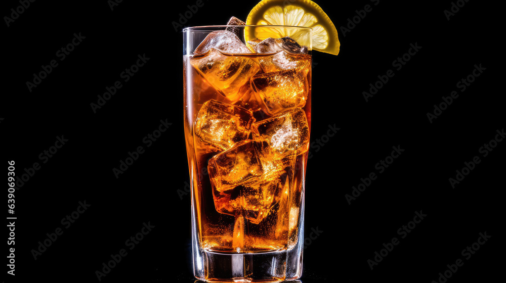 A Long Island Iced Tea in front of a black background