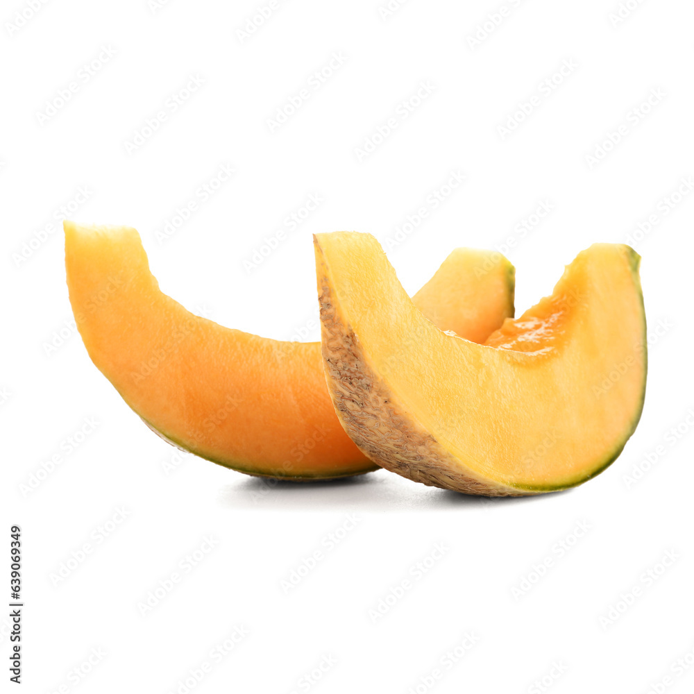 Pieces of sweet melon on white background