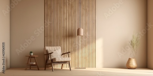 Room interior mock up in beige tones with wooden chair and wood panel