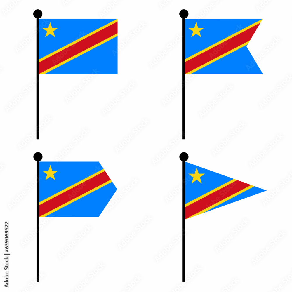 Democratic Republic of the Congo waving flag icon set in 4 shape versions. Collection of flagpole sign for identity, emblem, and infographic.