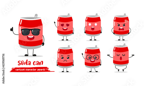 cute soda can cartoon with many expressions. soft drink different activity pose vector illustration flat design set with sunglasses.