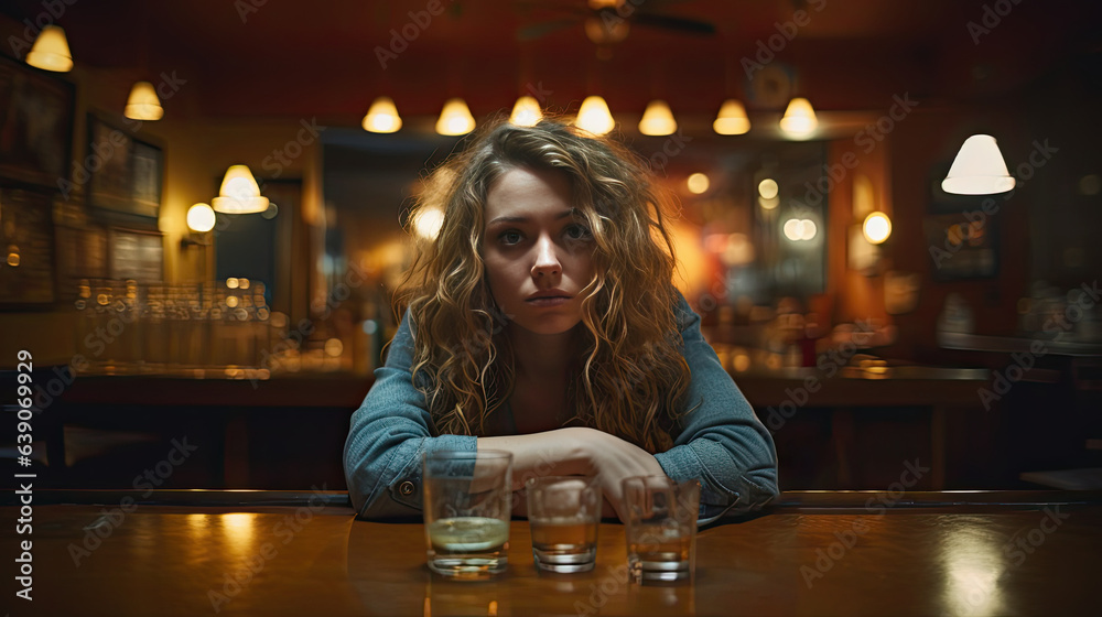 Young alcoholic Caucasian woman sitting alone at a bar, concept of alcoholism/alcohol addiction - obrazy, fototapety, plakaty 