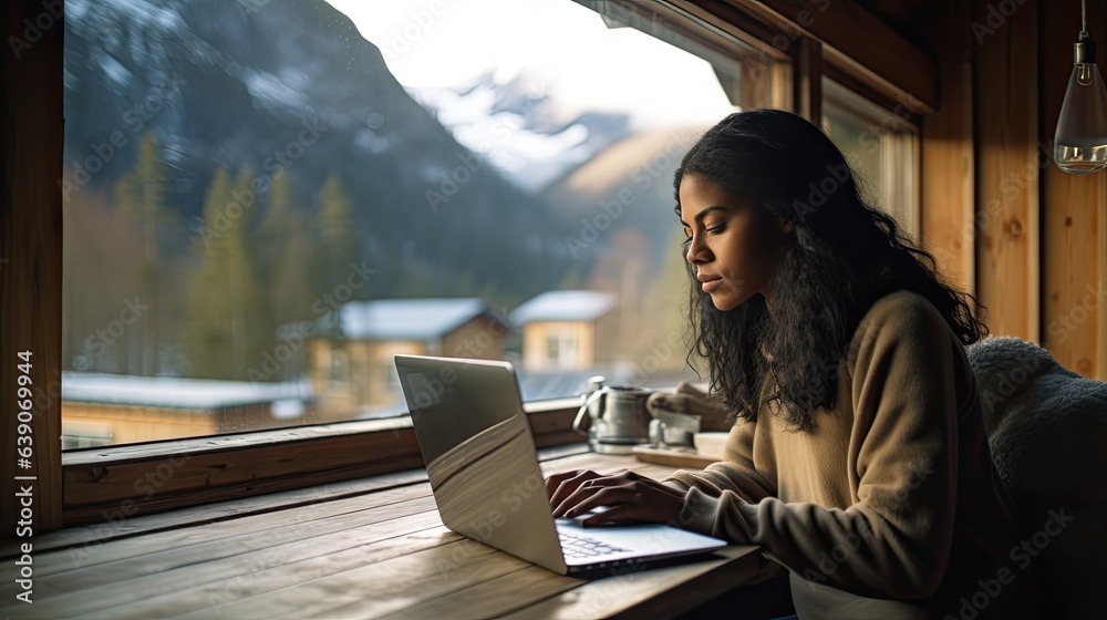 Young black woman working on her laptop in a remote mountain village, concept of living as a digital nomad and entrepreneurship - obrazy, fototapety, plakaty 