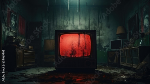 An old rusted television with red cathode rays illuminating the room Analog TV photo