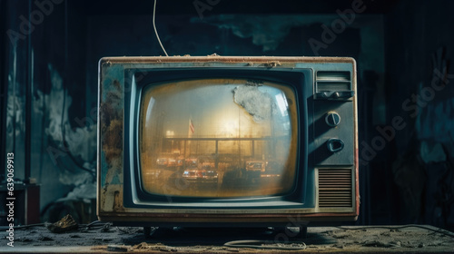 An ancient cathode tube TV dented and decomposed without a working remote control. Its graytinted display is full of gridlike lines buzzing with static electricity. Old Analog TV