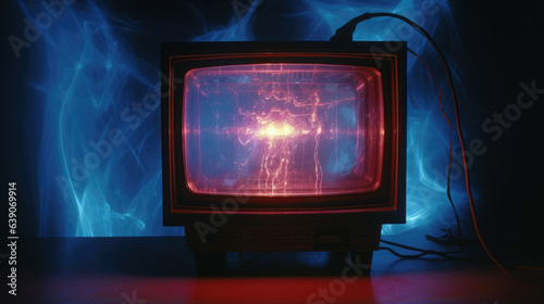 An old magnetized CRT television sitting atop a steel pedestal plugged into a generator for power. The face of the television is an array of blinking LED lights pulsating Old Analog TV