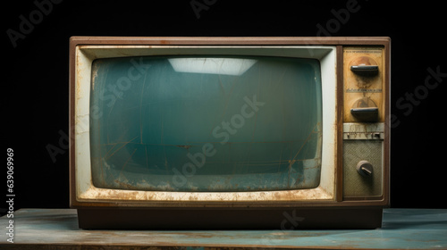 A rundown television set with its casing composed of mismatched panels held together by frayed wire. The display is coated with a faint grey haze of dust with a flickering Old Analog TV
