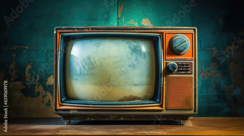 An ancient television set with a bright and intricate metal casing containing a primitive cathode ray tube display in a state of disintegration. Old Analog TV