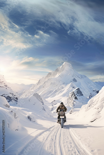 Male biker on motorcycle rides off-road in mountains in highlands, beautiful mountain winter landscape, clouds sky, white snow on peak mounts. Active leisure, travel concept. Generative ai.