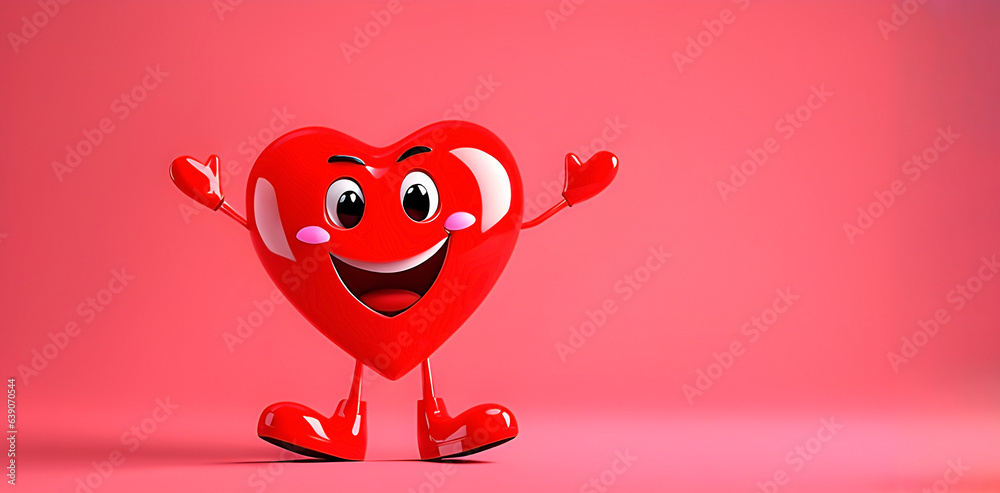 Smiing red valentine heart in 3d render style on a pink background with copy space