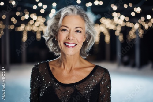 Portrait of beautiful senior woman in evening dress on Christmas background.