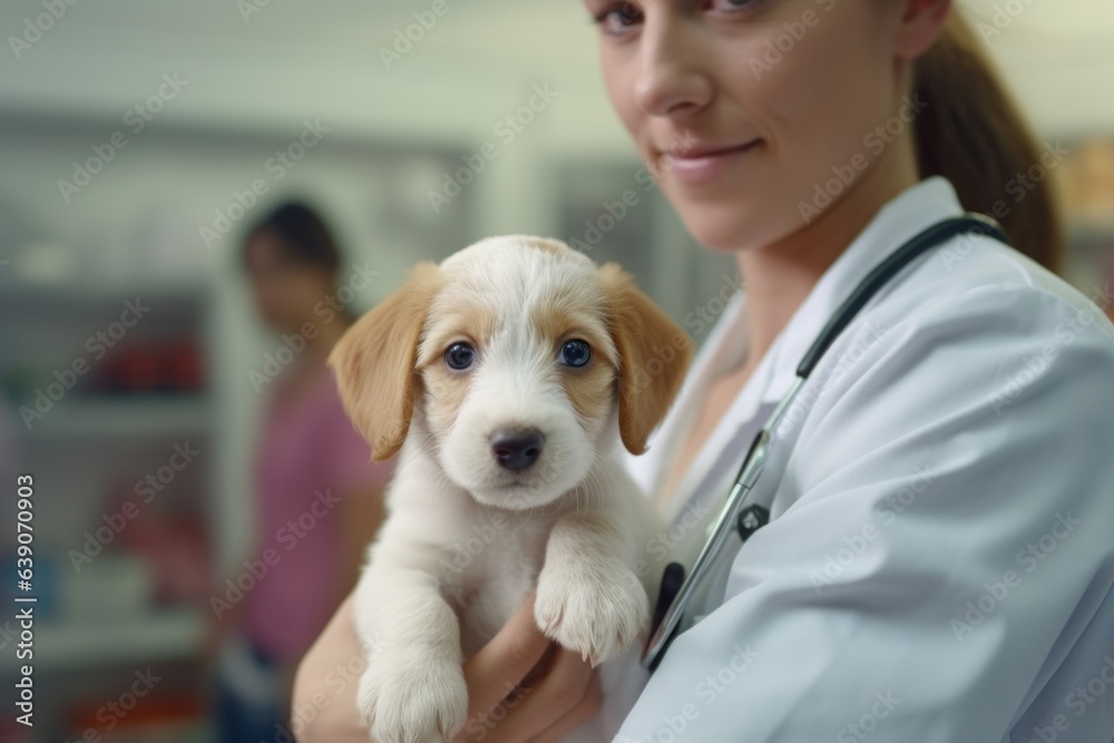 Portrait of a female veterinarian holding a puppy in her arms.