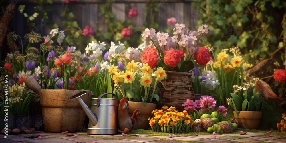 Spring flowers with the gardening tools in the garden. AI generated.