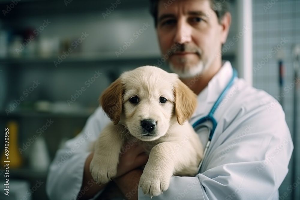 Portrait of a veterinarian with a puppy in his arms. Focus on the dog.