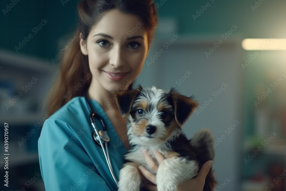 Portrait of a young female veterinarian holding a cute puppy in her arms. Portrait of a young female veterinarian holding a cute puppy in her arms.