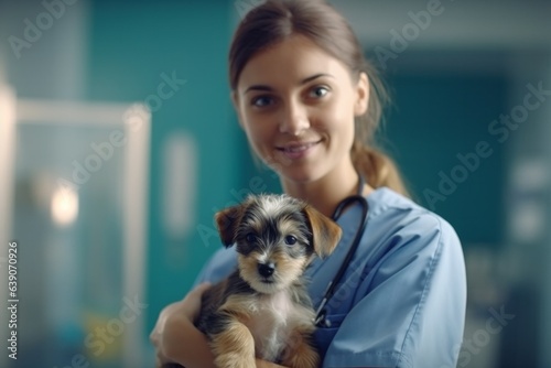 Portrait of a female veterinarian holding a puppy in her arms.