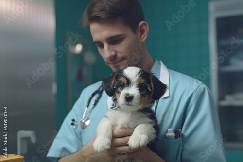 Veterinarian with a puppy in his hands. The concept of veterinary medicine.