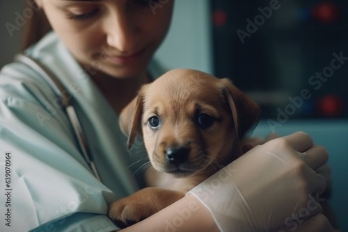 Veterinarian examining a cute puppy in vet clinic, closeup © Anne Schaum