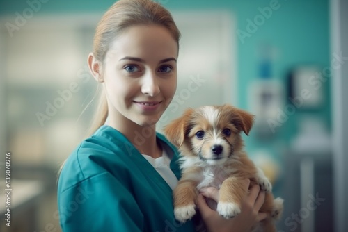 Portrait of a beautiful female veterinarian holding a cute puppy in her arms.
