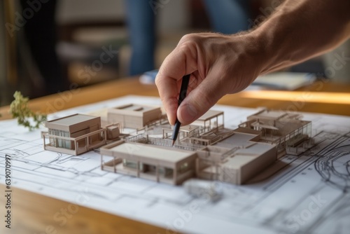 Architect working on blueprint at desk in office, close-up