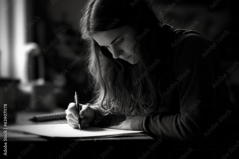 Black and white portrait of a young woman writing in a notebook. Black and white portrait of a young woman writing in a notebook.