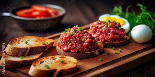 Steak tartare with tomatoes, cucumbers and sliced homemade bread on a wooden board © Coosh448