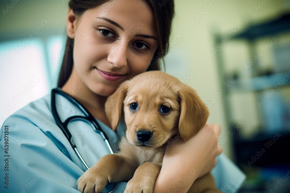 Portrait of a young female veterinarian holding a puppy in her arms.