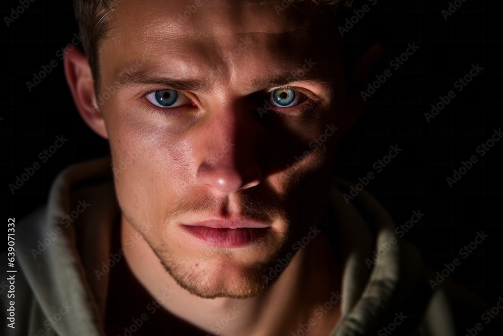 Fototapeta premium Portrait of a young man with blue eyes on a black background