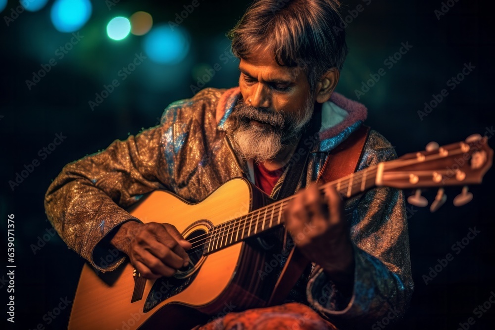 Portrait of an old man playing guitar in a night club.