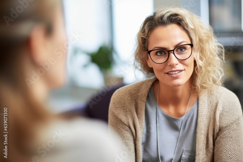 Portrait of smiling businesswoman in eyeglasses sitting in office