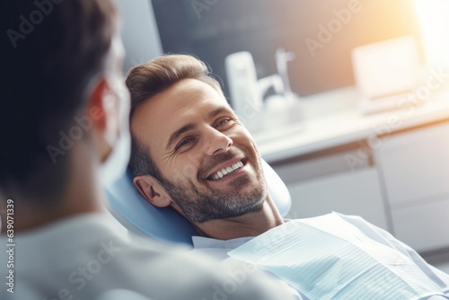 Positive delighted man sitting in dental chair and looking at his colleague
