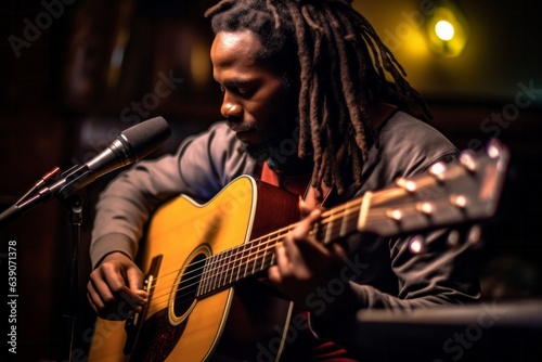 African american man with dreadlocks playing guitar in recording studio.