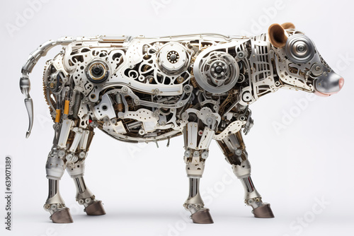 A cow made of electronic machinery on a white background. Farm animals. illustration. Generative AI. © yod67