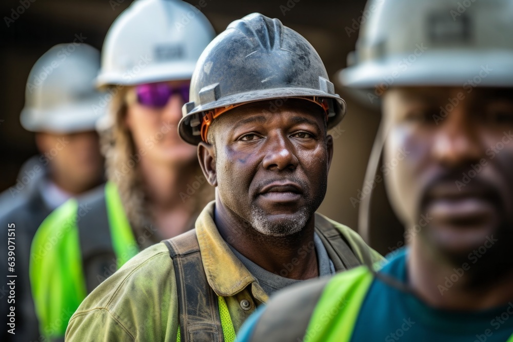 Portrait of African-American worker in hardhat standing in warehouse Portrait of African-American worker in hardhat standing in warehouse